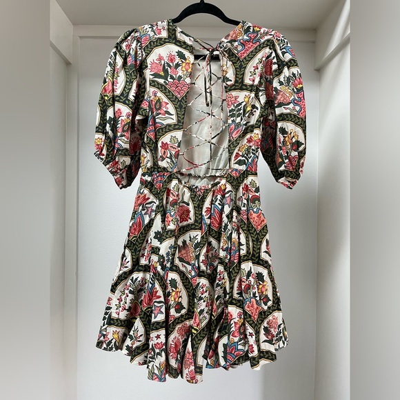 RHODE Molly Mushroom Pink and Green Floral Puff Sleeve Lace up Back Mini Dress S - Picture 10 of 12